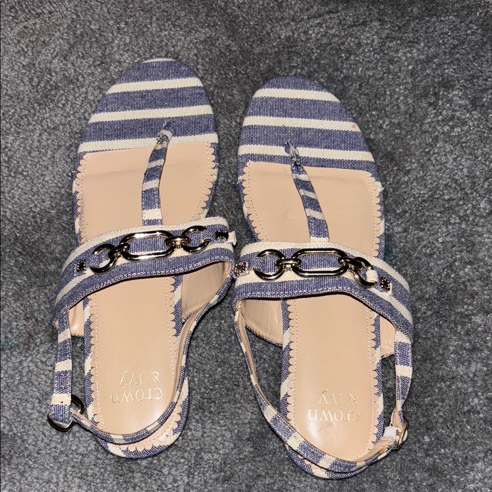 Crown & Ivy Blue and Cream Striped Sandals with gold accents